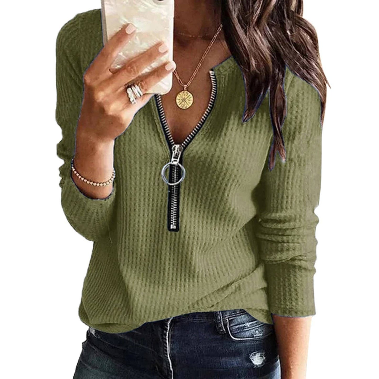 Zip Up Long Sleeve V-neck Pullover Top