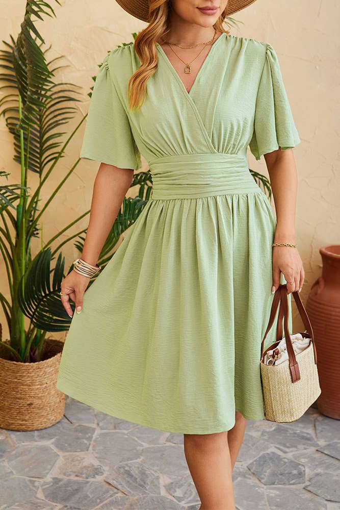 Plain V Neck Flare Sleeves High Waist Dress