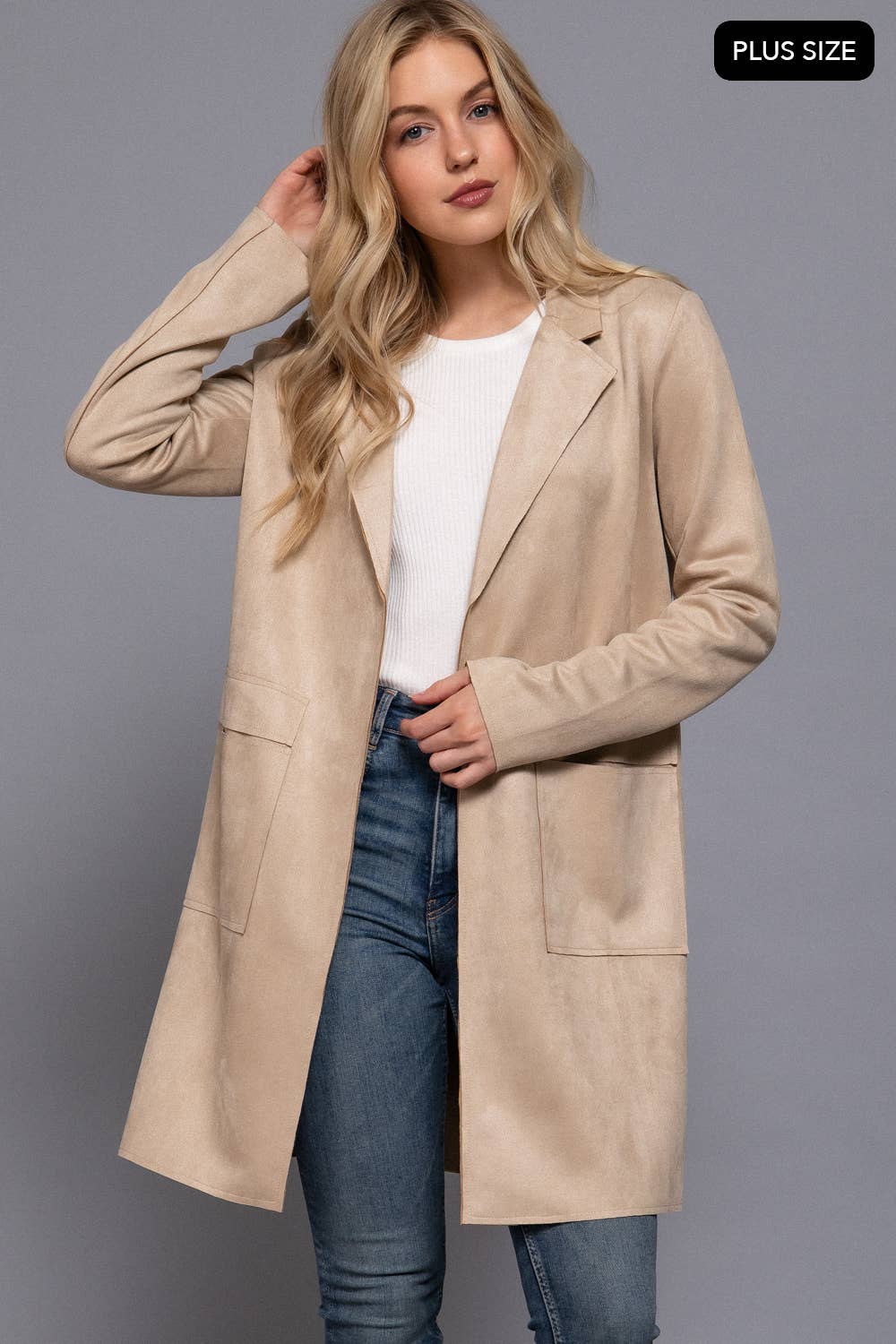 Long Sleeve Open Front Faux Suede Jacket (Plus Size)