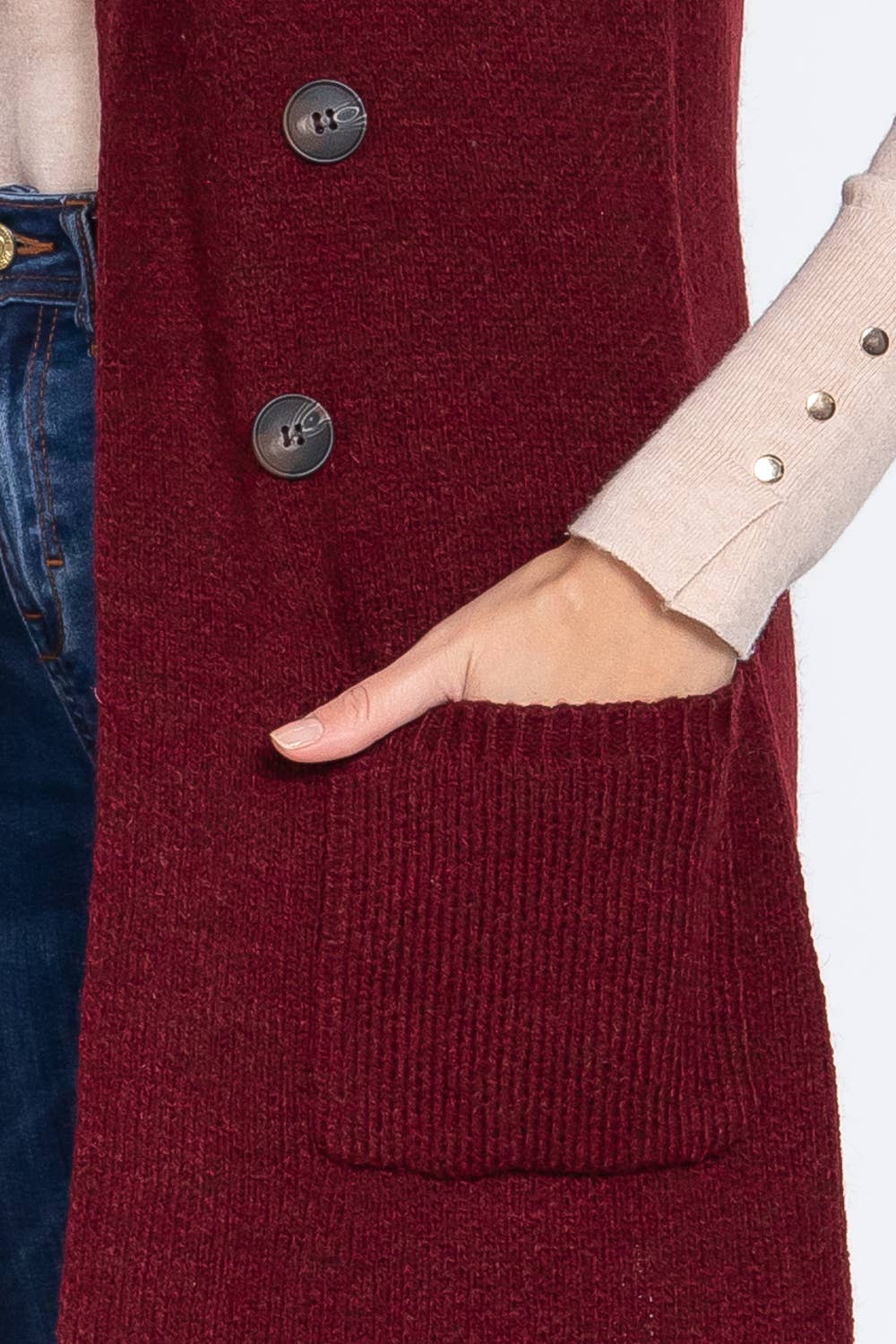 Sleeveless Notched Collar Long Sweater Vest