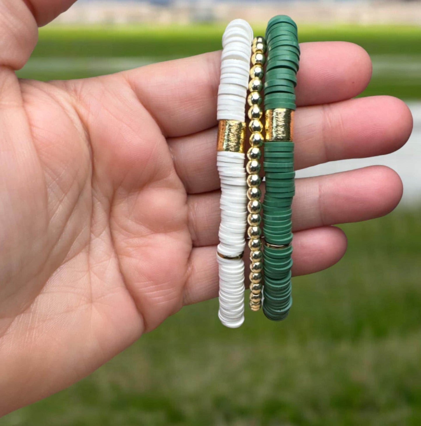 Green and White Game Day Bracelet Stack: Gold (7 inch)