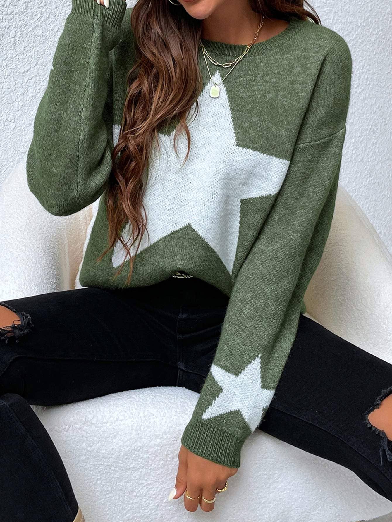 Drop Shoulder Star Pattern Sweater