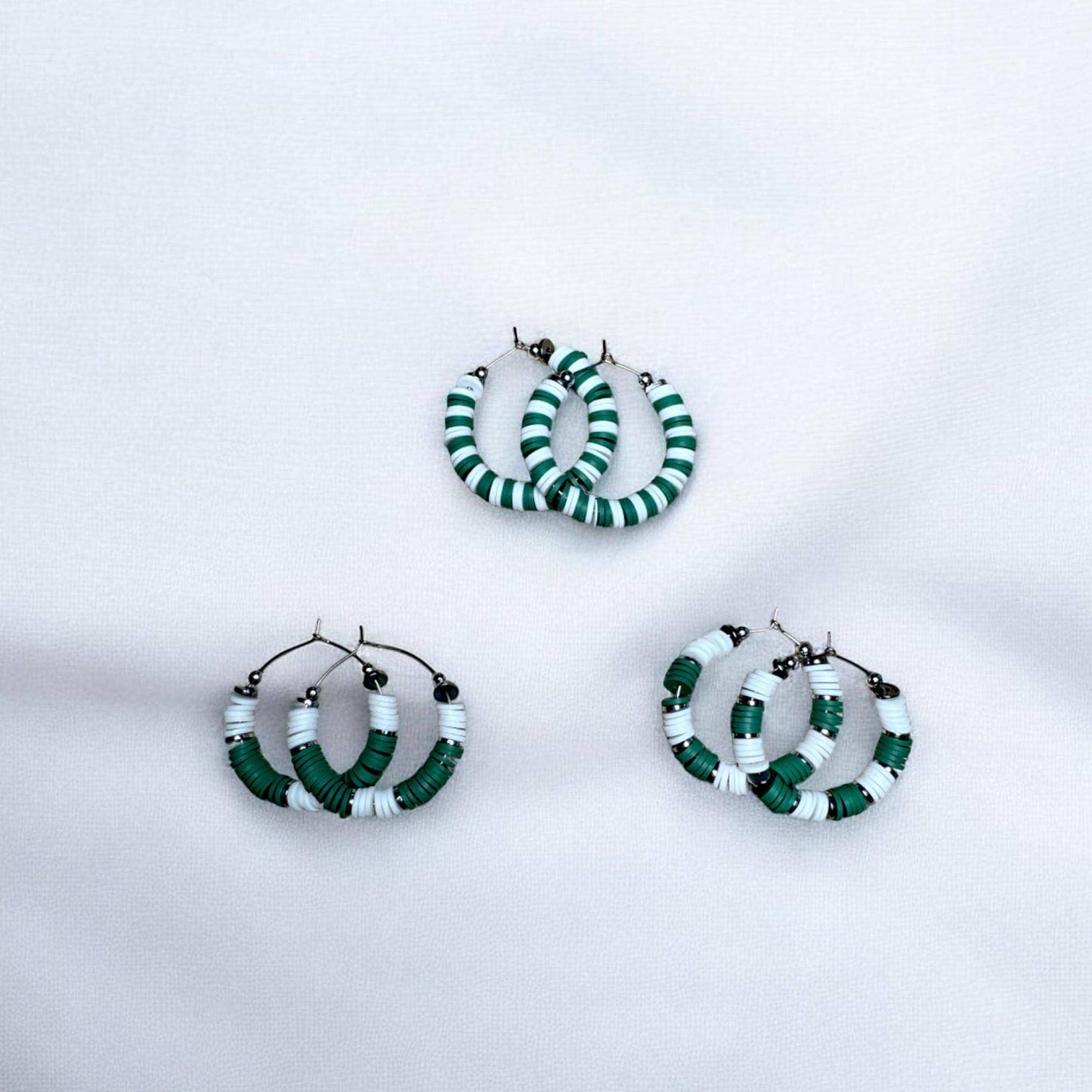 Green and White Game Day Hoop Earrings: 1 Inch / (2 by 2 or 5 by 5)