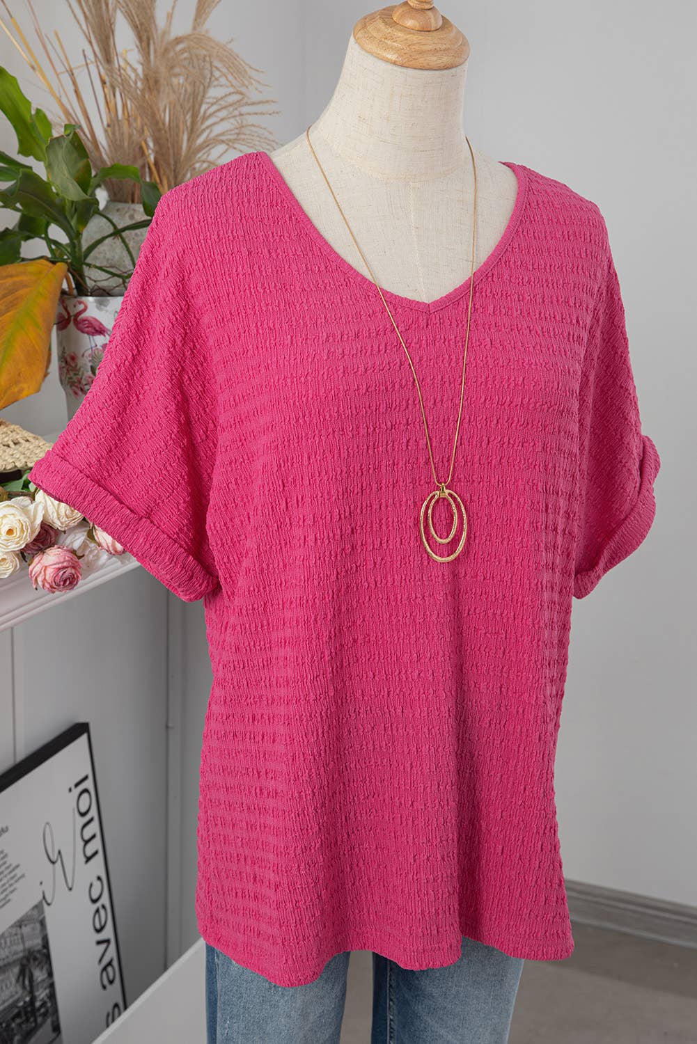 Women Casual Textured Short Sleeve V Neck Top