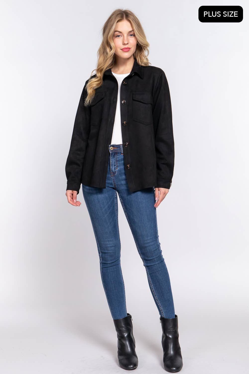 Long Sleeve Loose Fit Faux Suede Shacket (Plus Size)