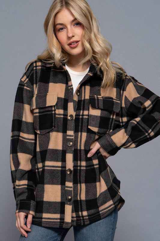 Long Sleeve Check Printed Fleece Shacket (Taupe)
