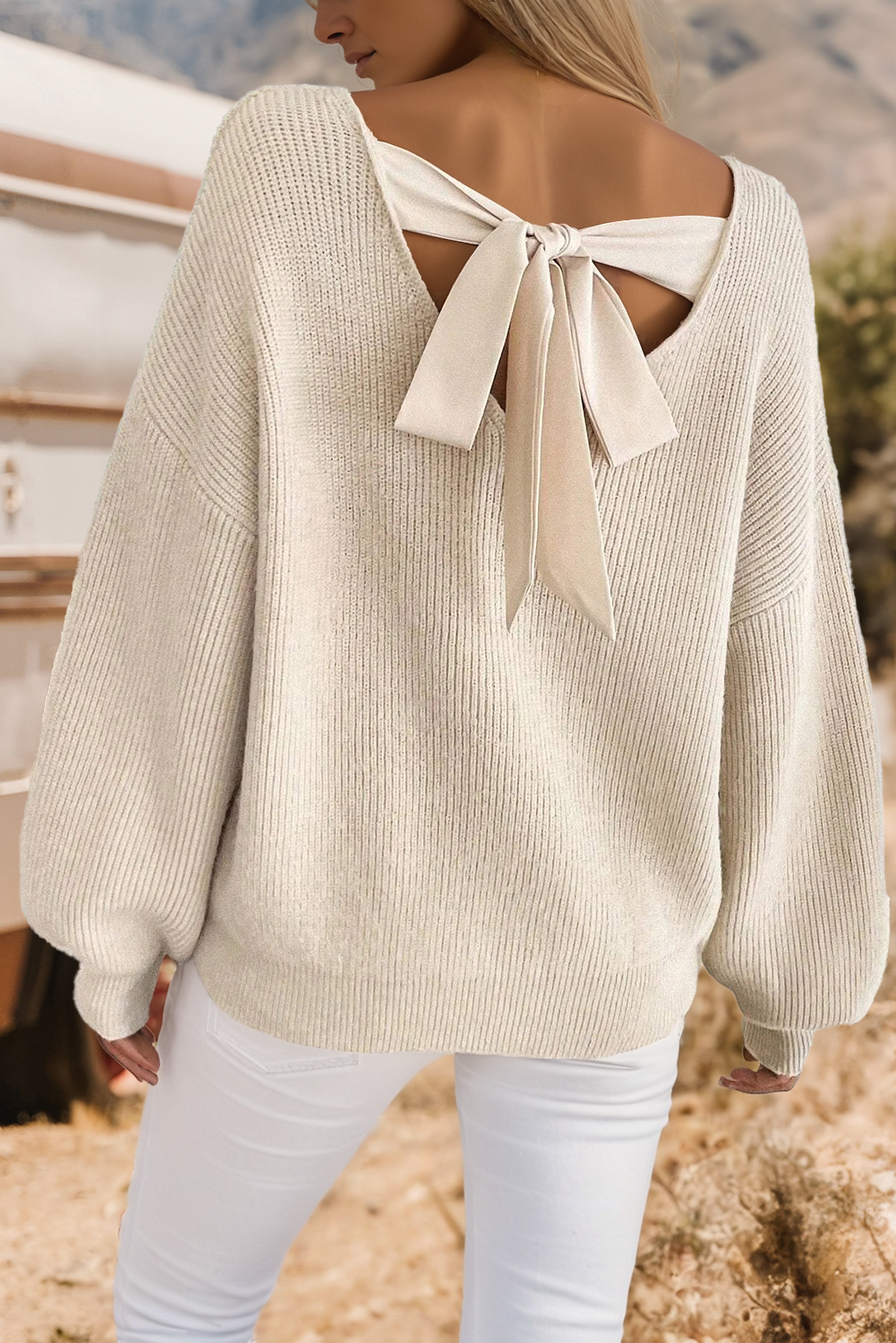 Ribbed Knit Contrast Ribbon Knot Drop Shoulder Sweater