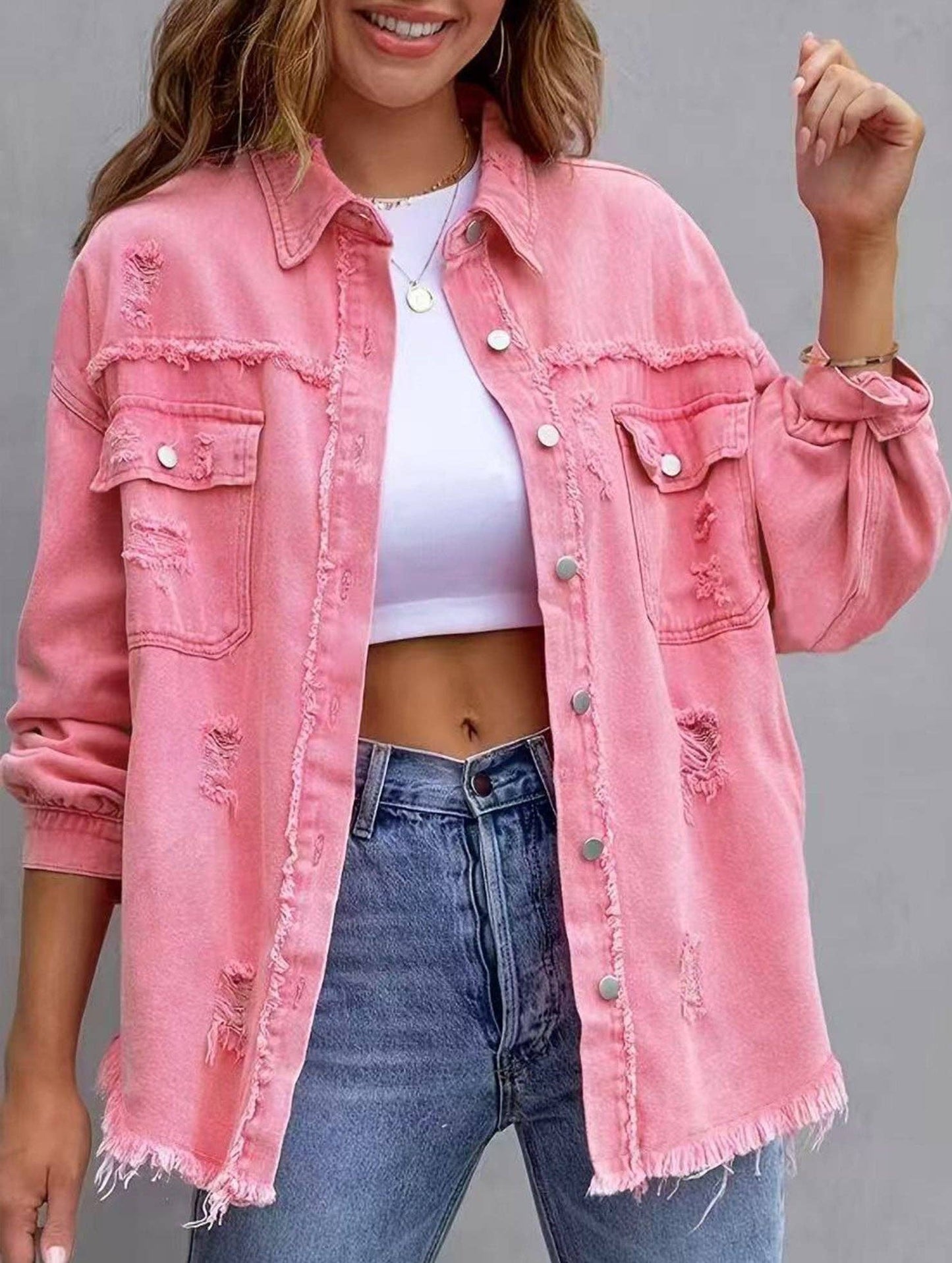 Denim Coat with Lapel and Ripped Raw Edge
