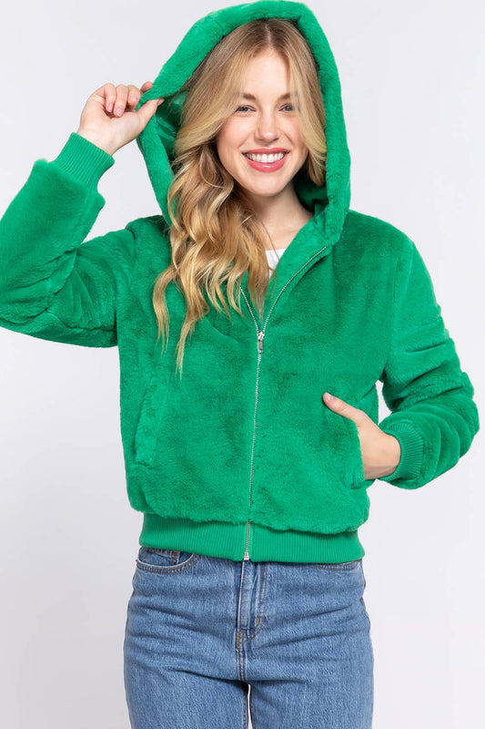 Long Sleeve Zip Up with Hoodie Faux Fur Jacket