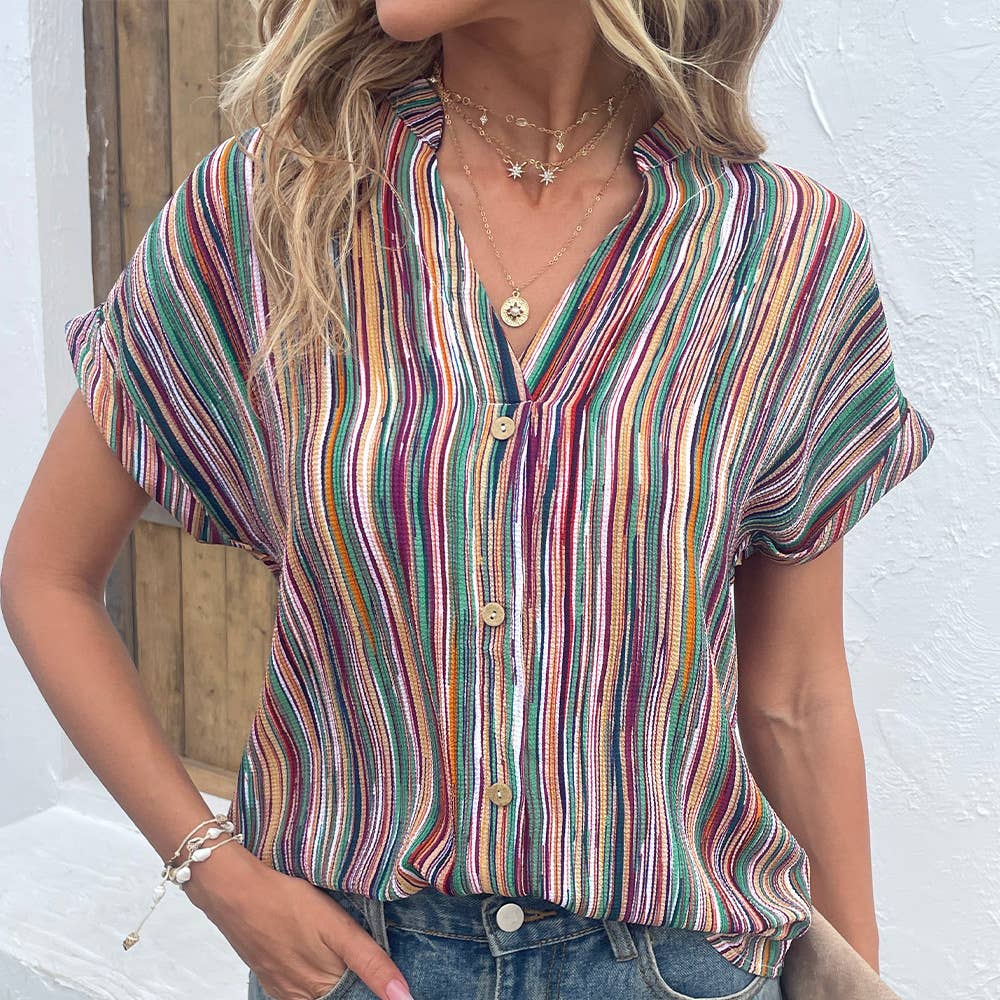 Colorful Striped Button-up Sleeved Blouse