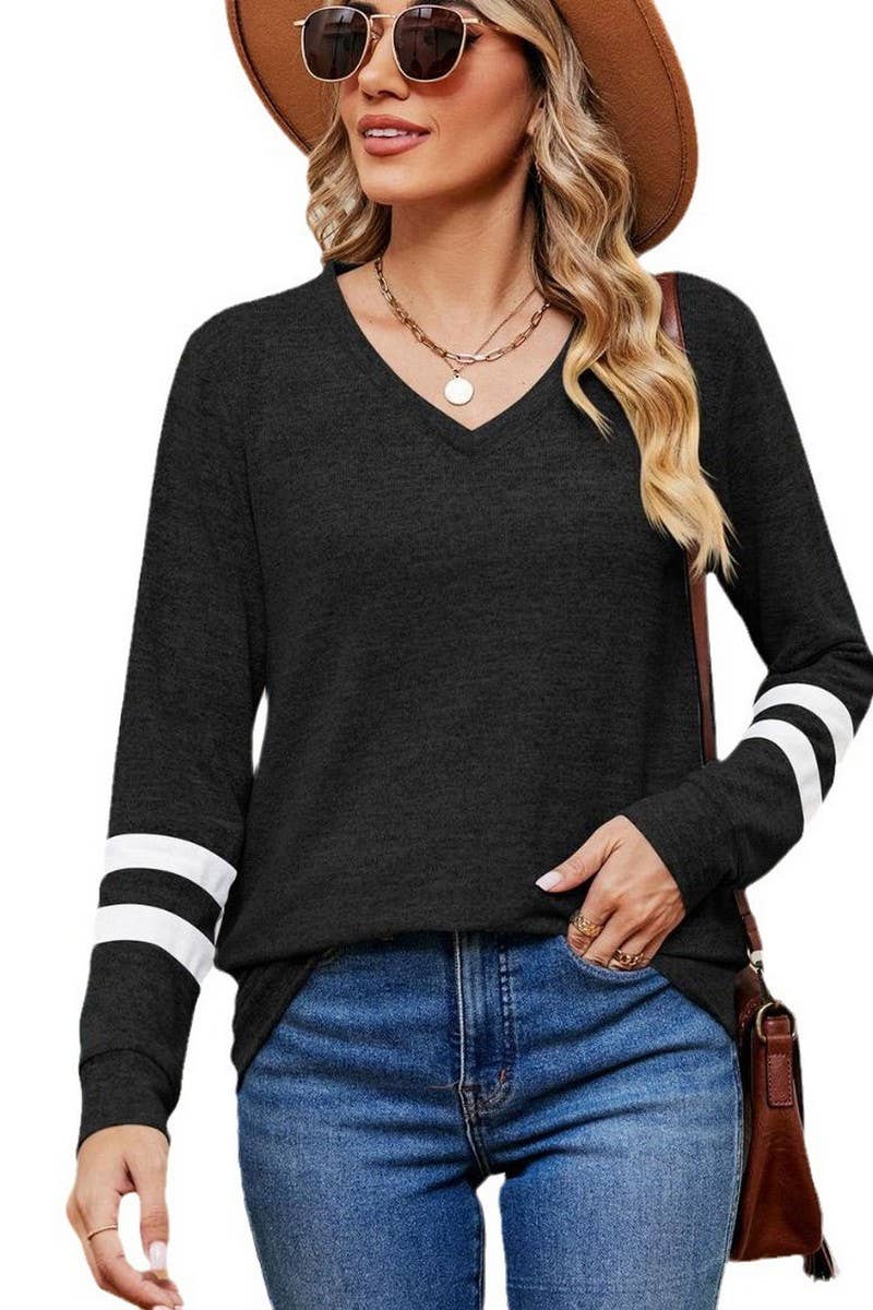 V-Neck Long Sleeved Contrast Color Top
