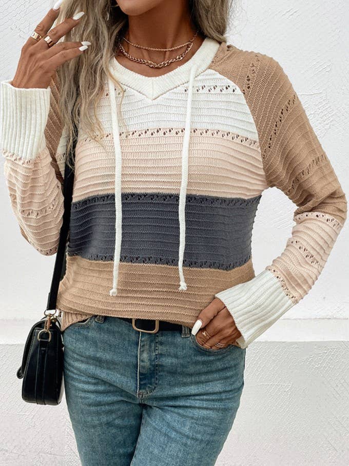 V-Neck Hooded Color-Block Knitted Long-Sleeved Sweater