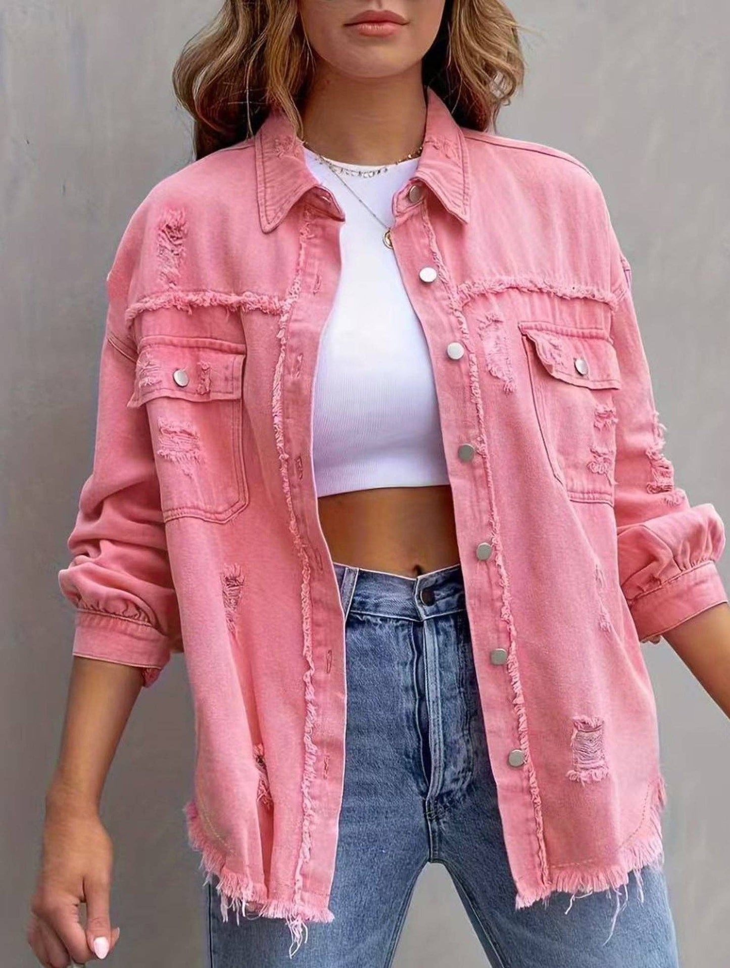 Denim Coat with Lapel and Ripped Raw Edge