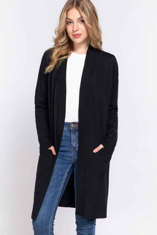 Long Sleeve Rib Banded Open Tunic Sweater Cardigan (black)