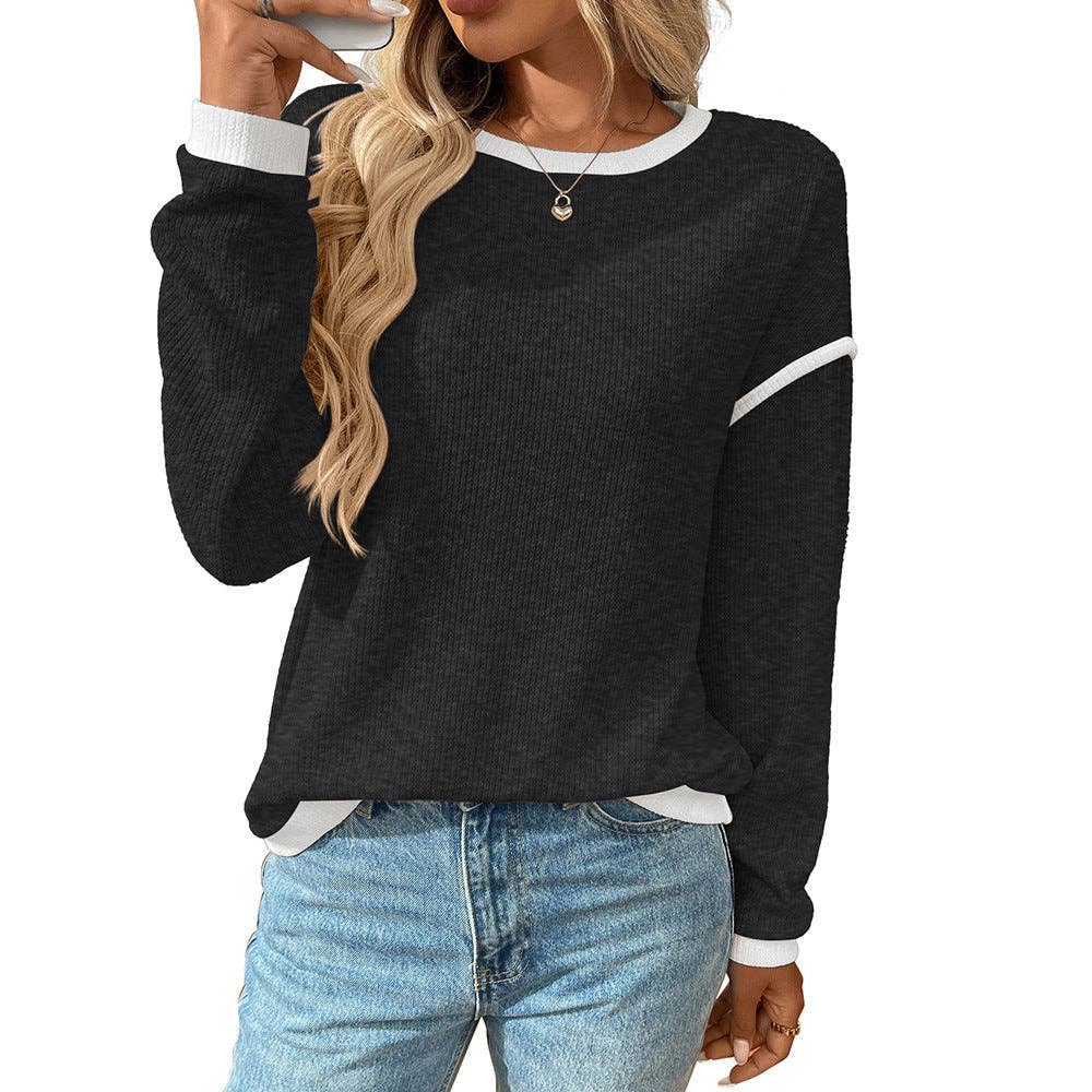 Colorblock Crewneck Knit Look Long Sleeve Pullover Top (Dark Blue)