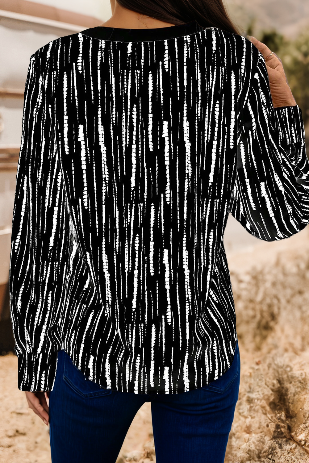 Abstract V-neck Long Sleeve Blouse