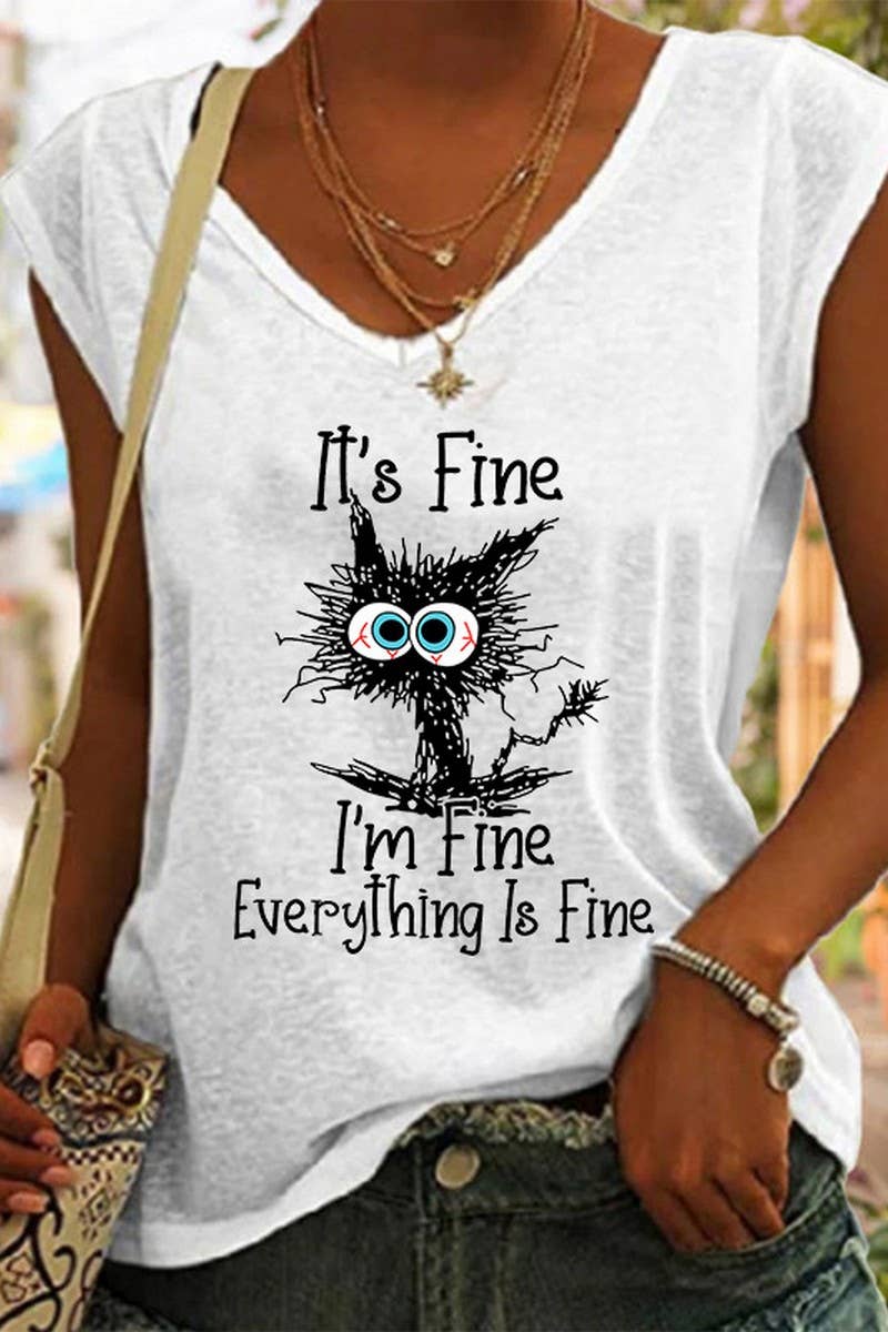 It's Fine V-Neck Printed Loose Sleeveless T-Shirt