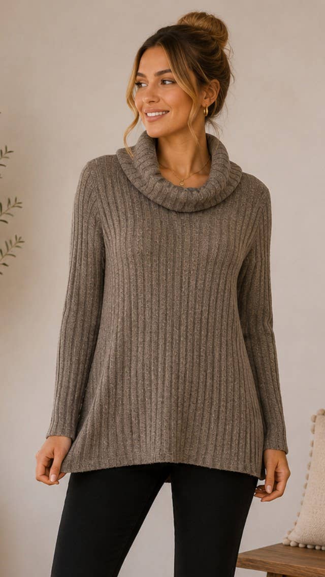 Cowl Neck Long Ribbed Sweater