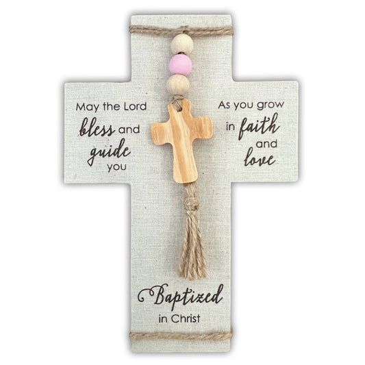 Baptized in Christ Fabric Cross: (Pink Beads)