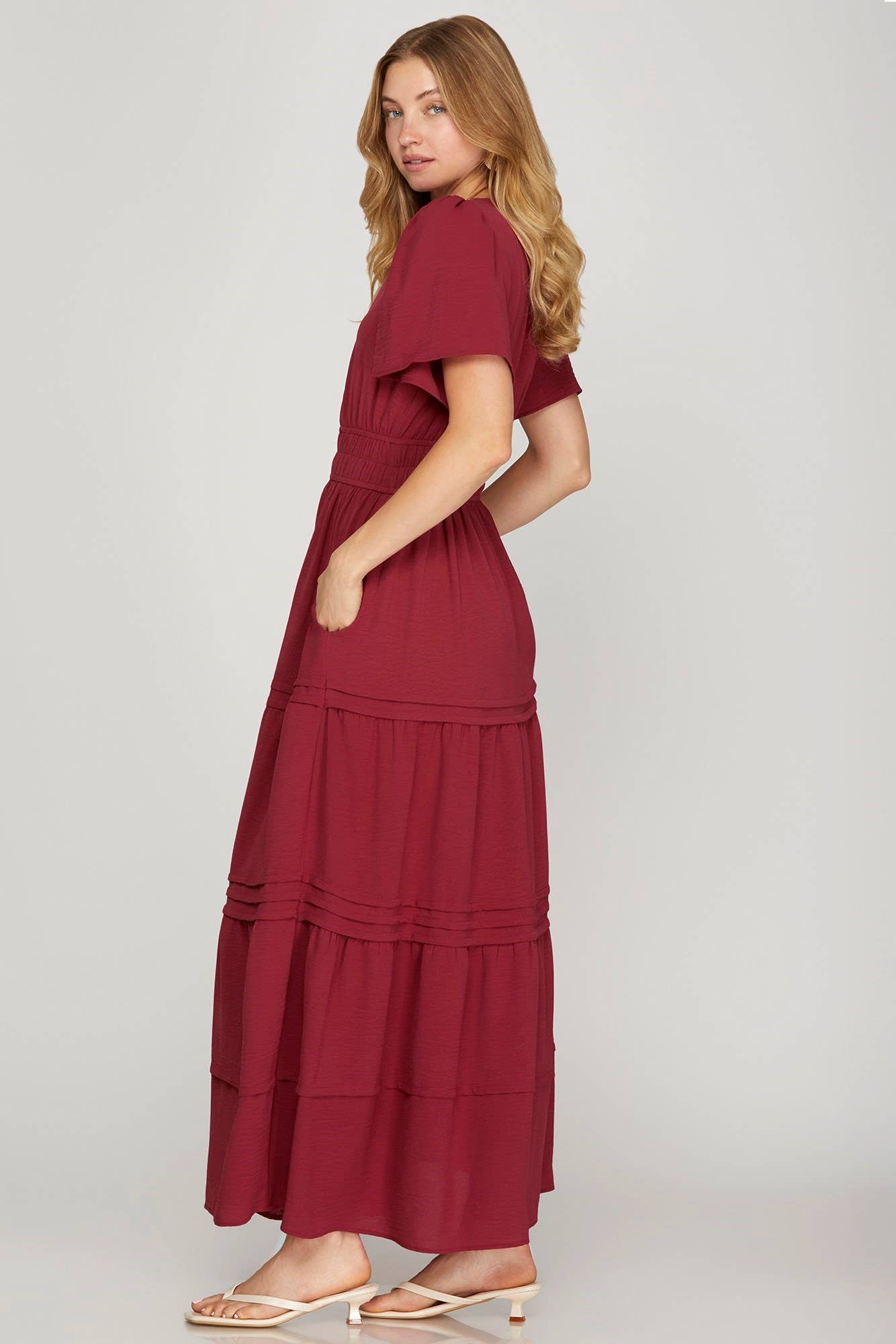 Surplice Pintuck Tiered Woven Maxi Dress
