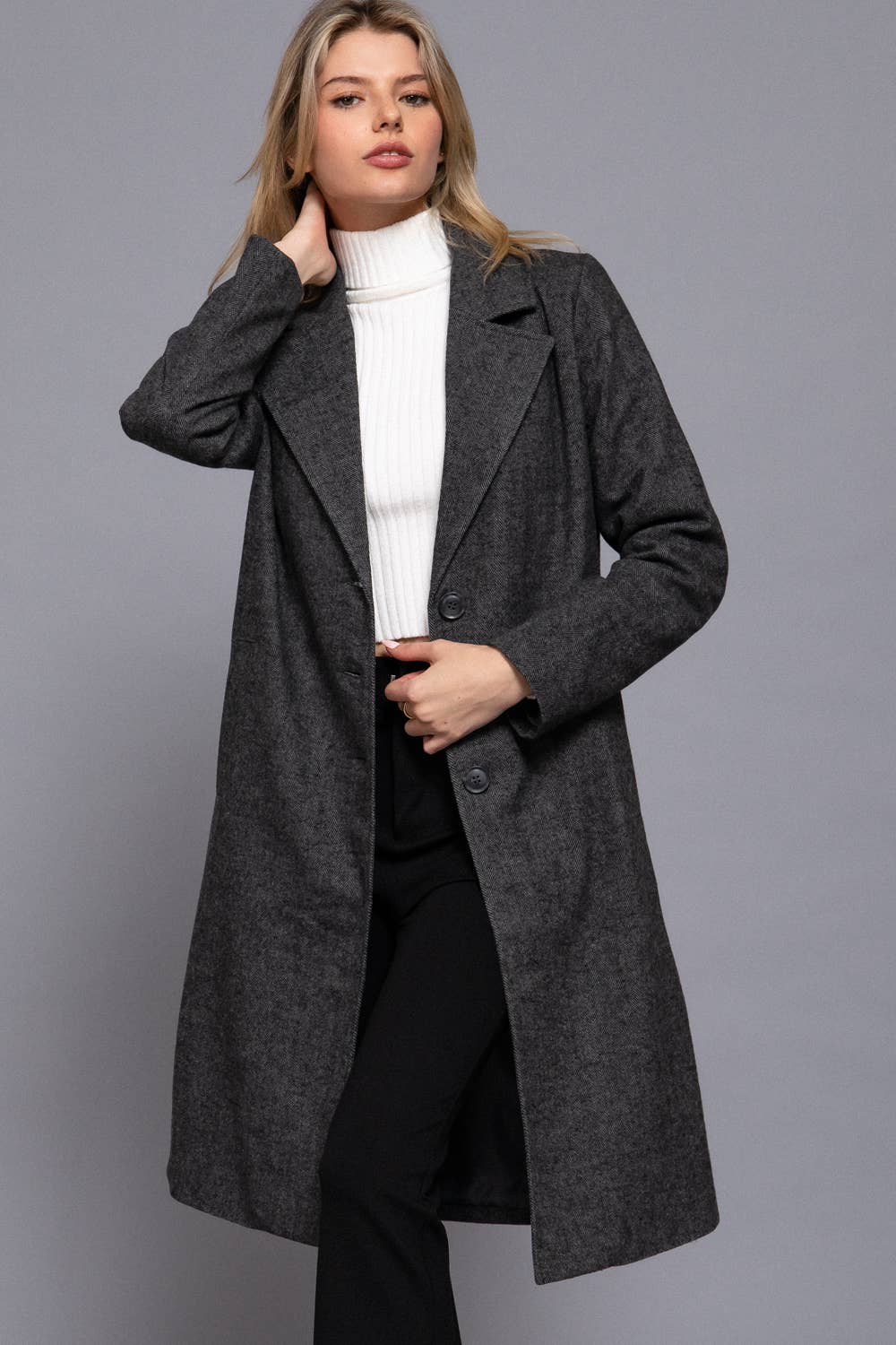 Herringbone Single Breasted Waist Fitted Long Coat