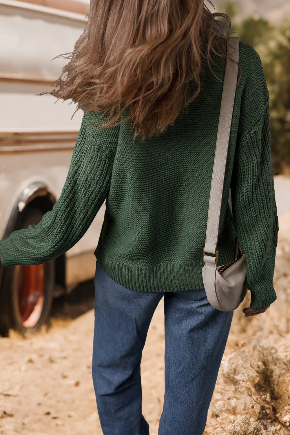 Mix Texture Knit Front Seam Detail Drop Shoulder Sweater