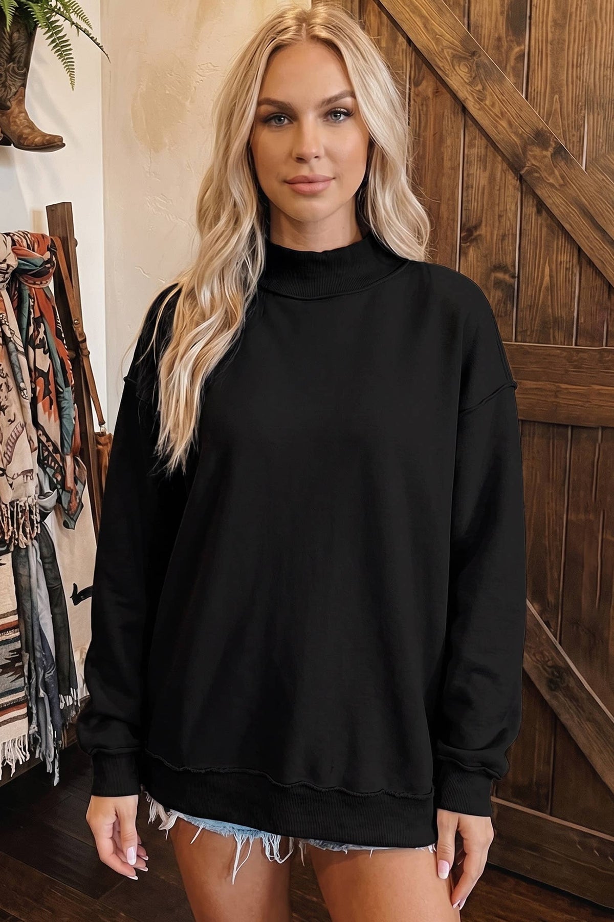 Oversize Drop Shoulder Reversible Mock Neck Sweatshirt (black)