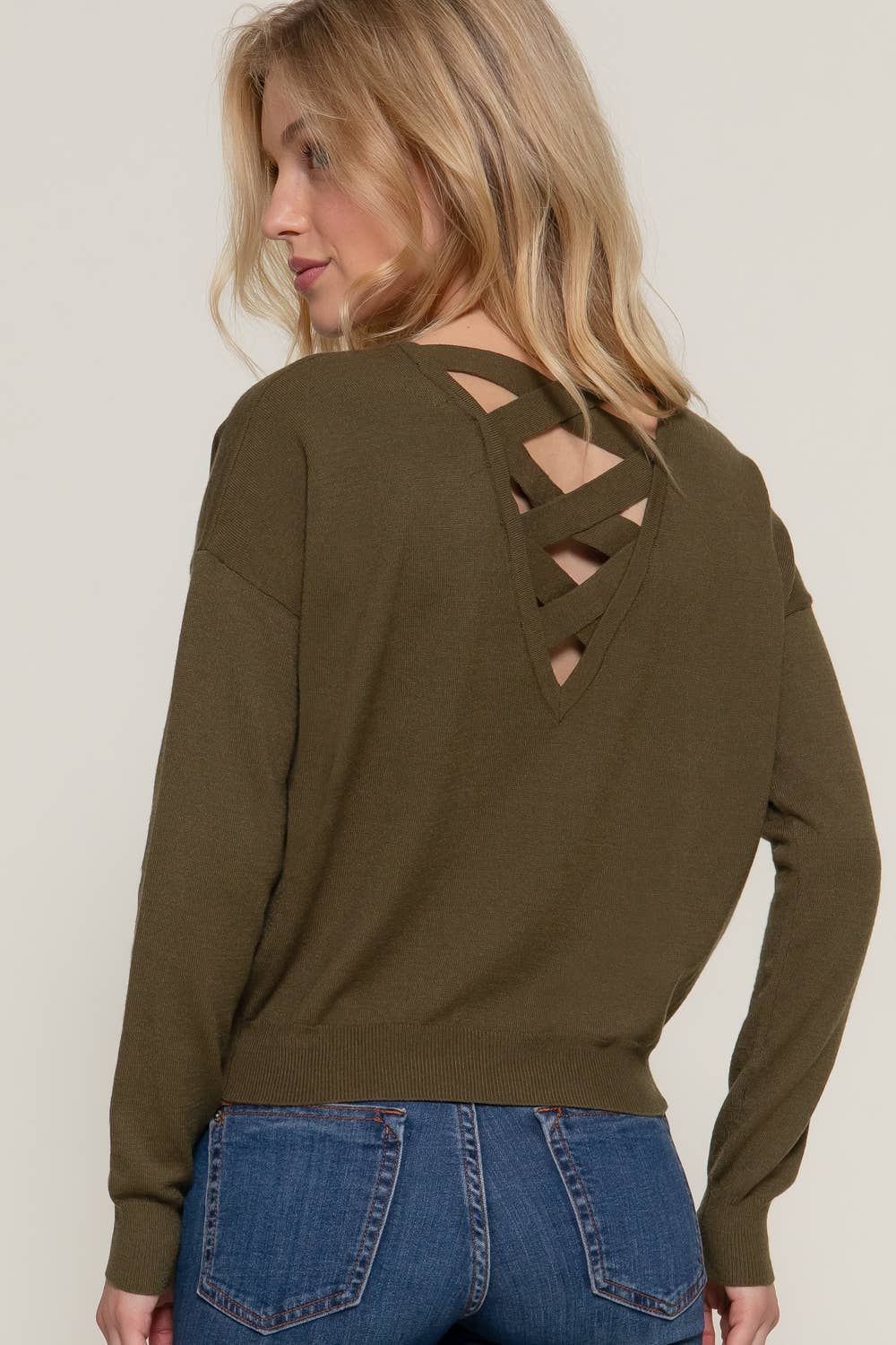 Long Sleeve V-neck Back Cross Strap Sweater