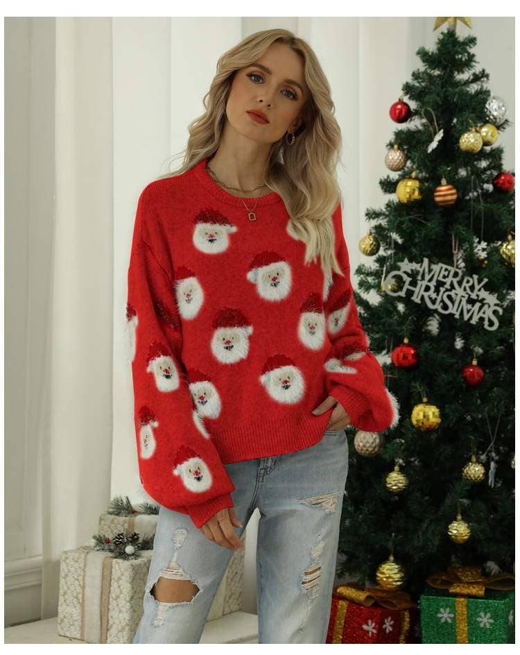 Santa's Head Pattern Crewneck Pullover Sweater