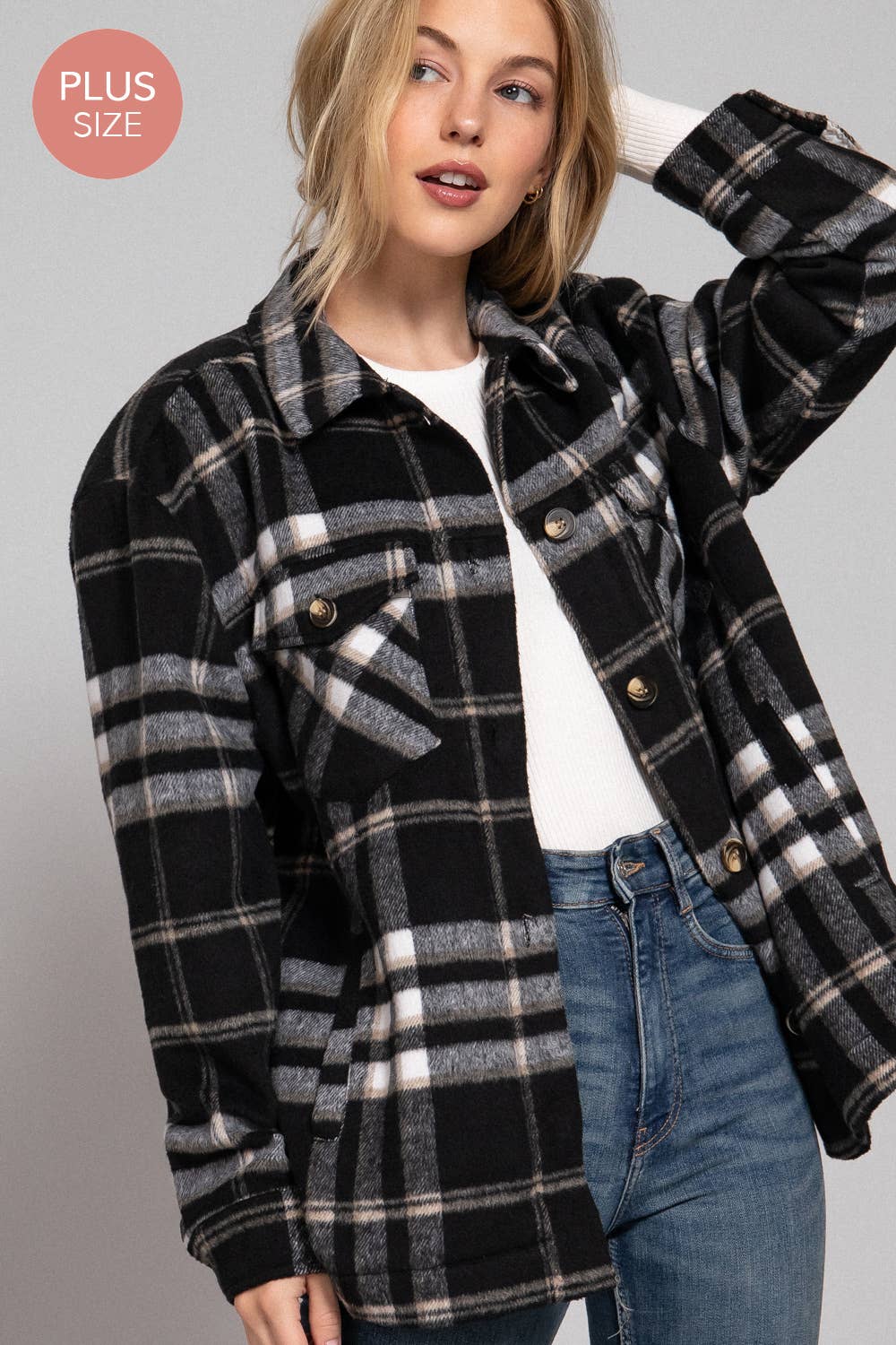 Long Sleeve Inside Faux Fur Brushed Plaid Plus Size Jacket