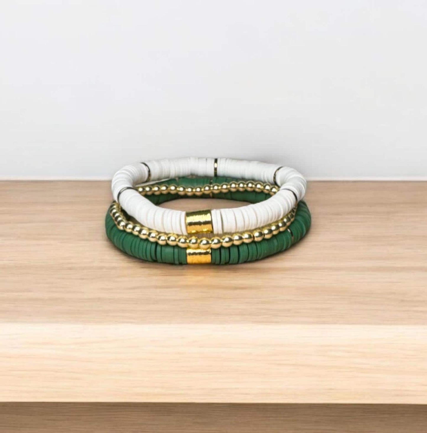 Green and White Game Day Bracelet Stack: Gold (7 inch)