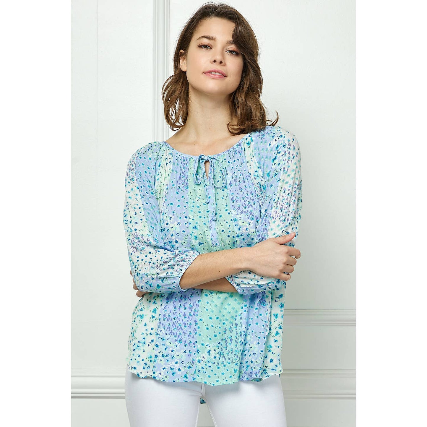 Blue Floral Round Neck Blouse