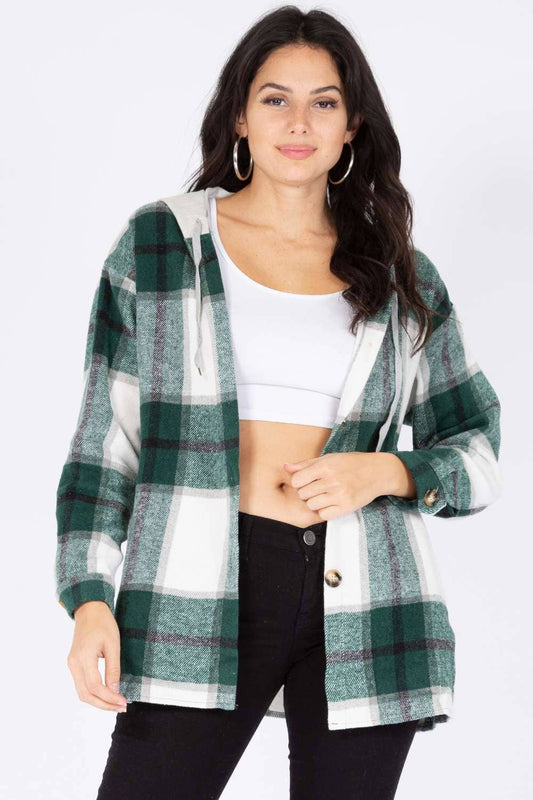 Plaid button front drawstring hooded coat