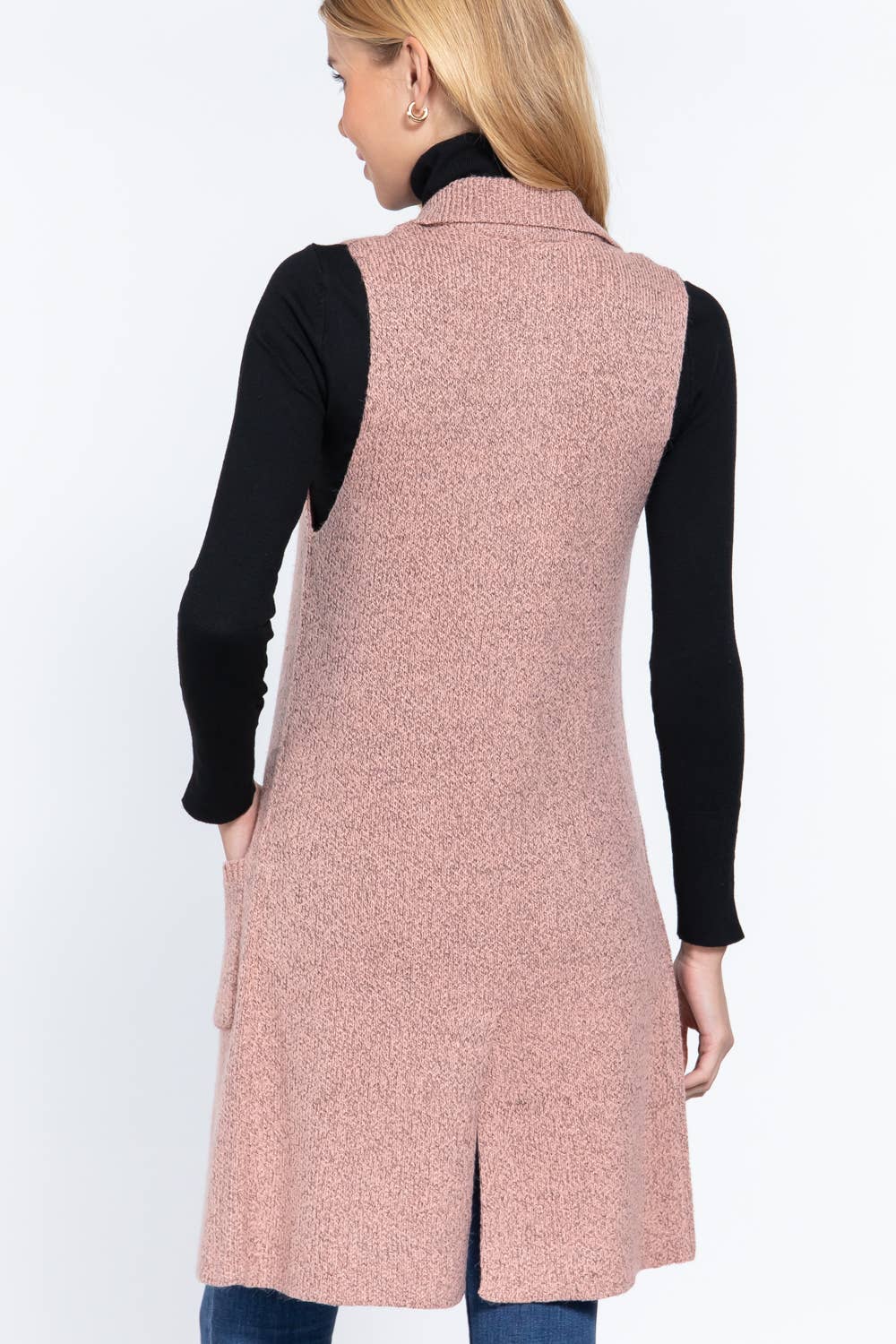 Sleeveless Notched Collar Long Sweater Vest