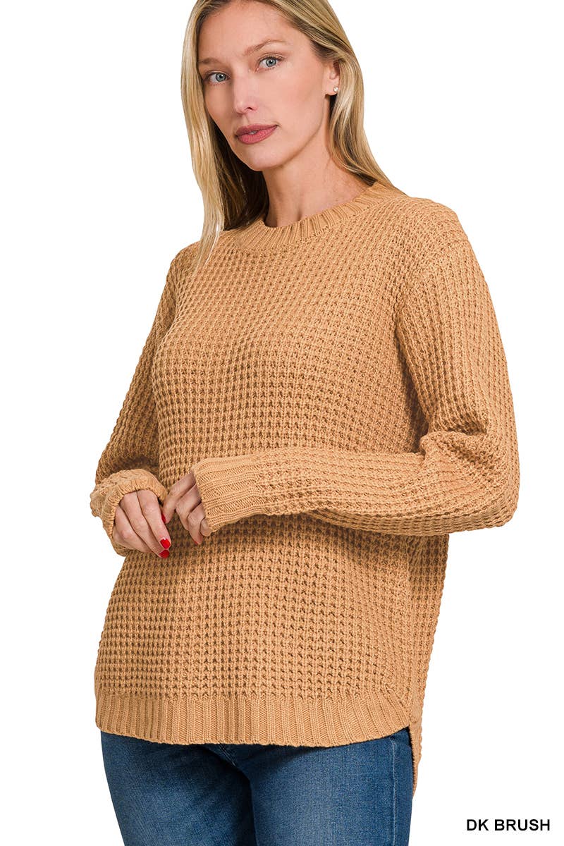 Hi-low Long Sleeve Round Neck Waffle Sweater