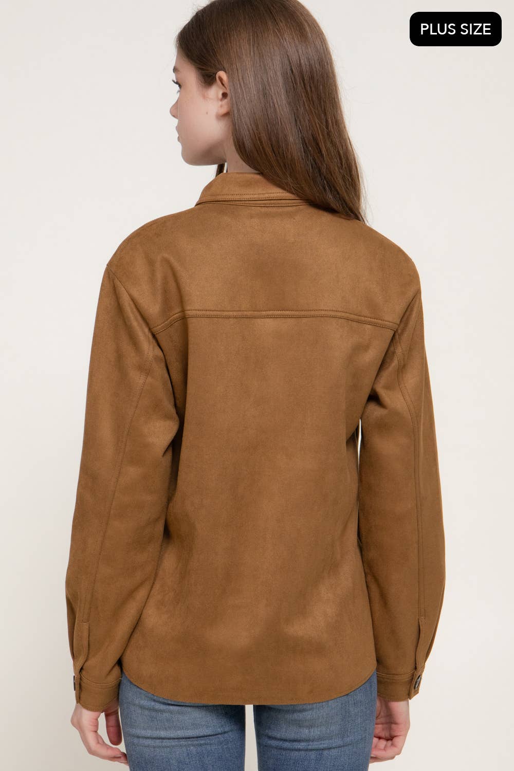 Long Sleeve Loose Fit Faux Suede Shacket (Plus Size)