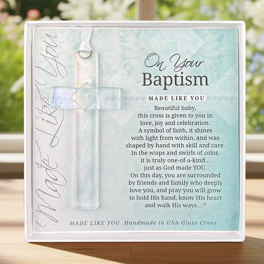 Baby Baptism Gift USA Handmade Iridescent Glass Cross