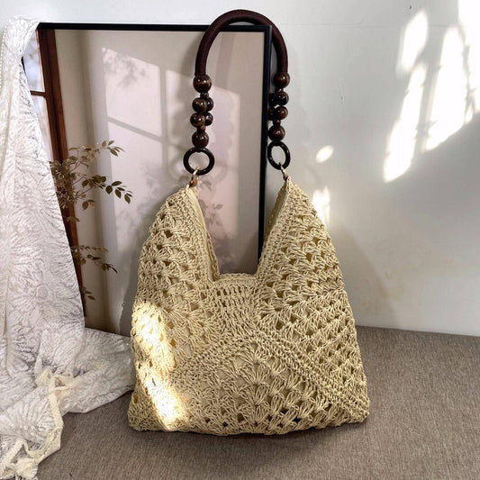 Boho Color Block Crochet Straw Tote Bag