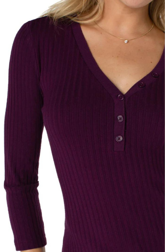 Liverpool 3/4 Sleeve Button Front Rib Knit Henley Top