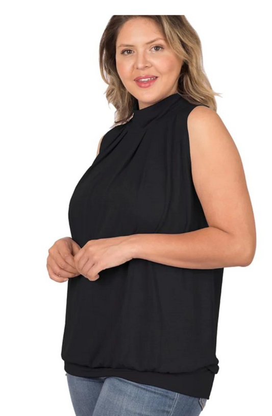 Sleeveless Mock Neck Pleated Top Plus Size (solid colors)