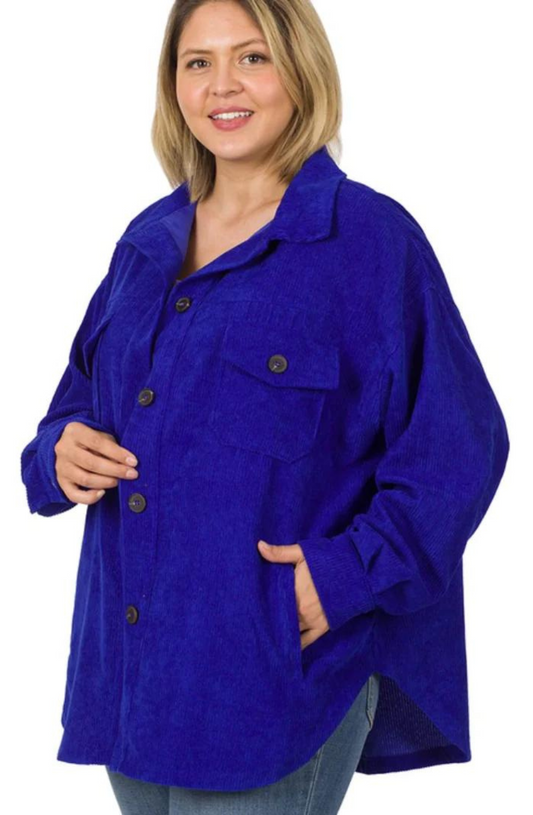 Plus Size Oversized Corduroy Button Front Shacket with Pockets