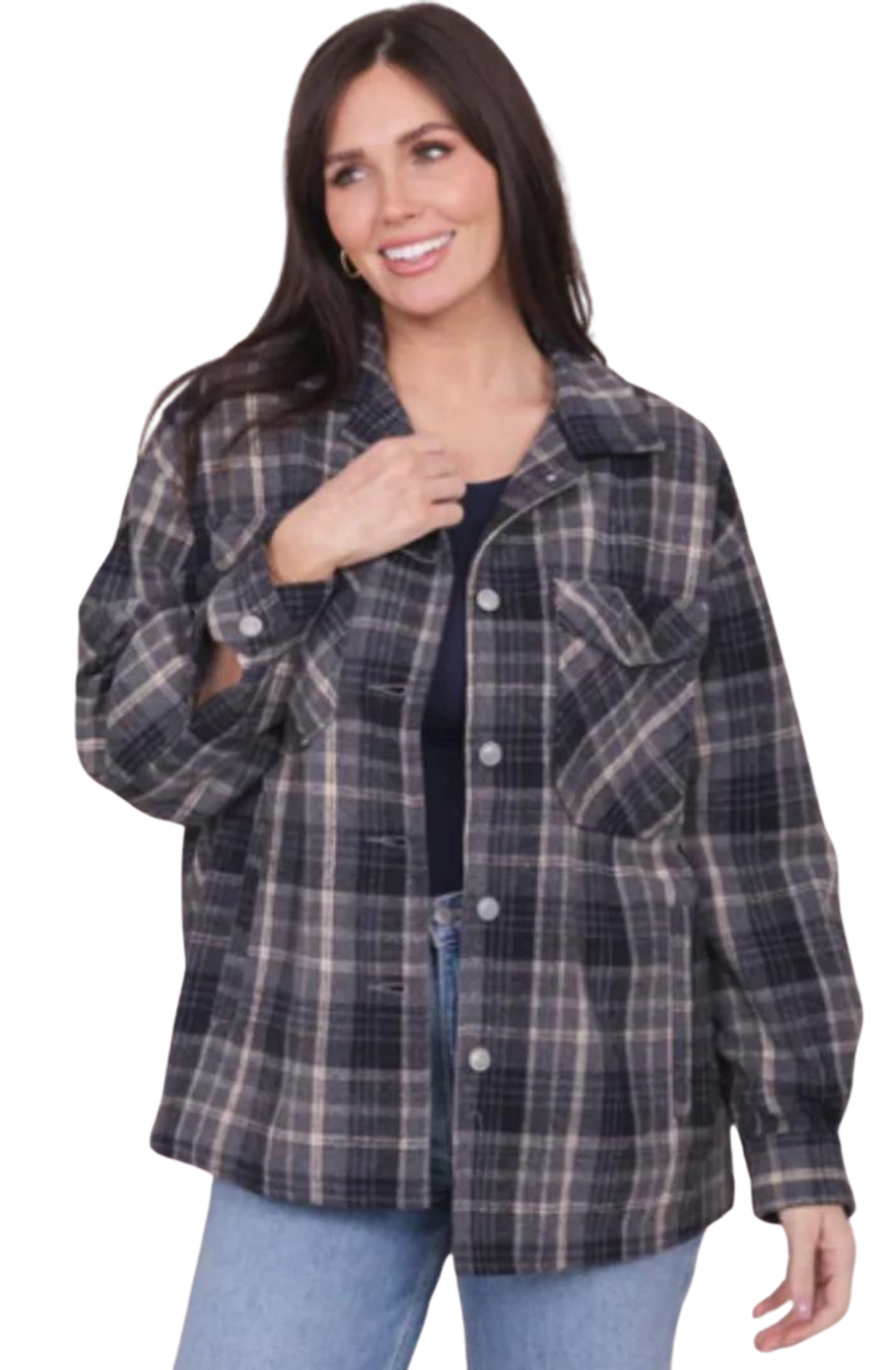 Plaid shacket with Pockets (cobblestone & shadow grey)