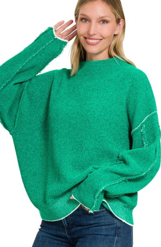 Oversized Mock Neck Raw Hem Chenille Sweater