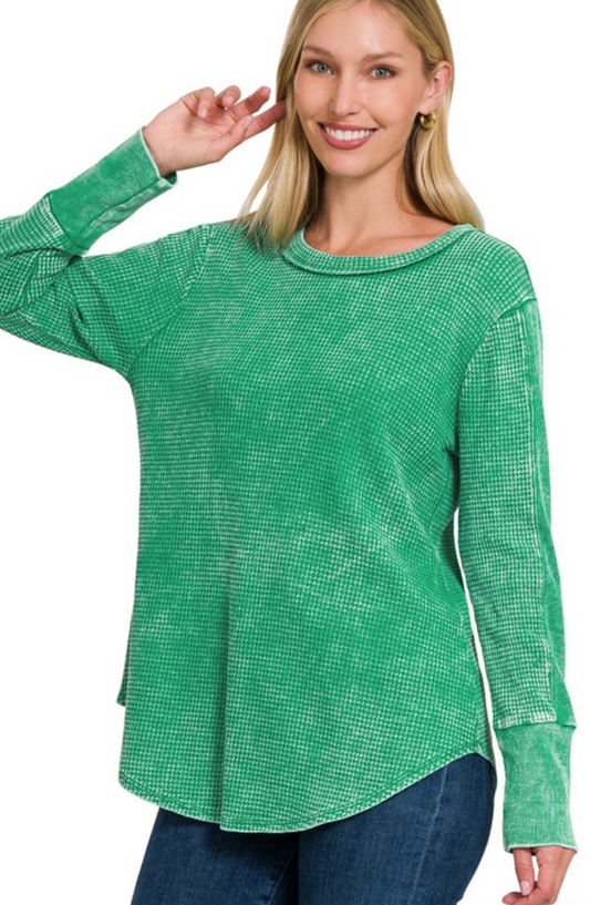 Washed Baby Waffle Long Sleeve Top (Kelly Green)