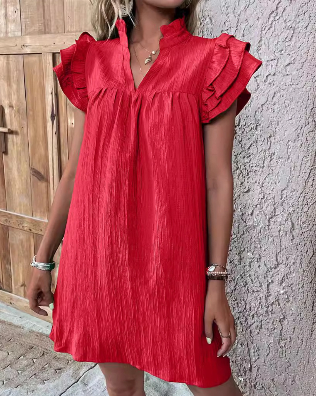 Multi-Layer Lotus Sleeve V-Neck Long Pullover Dress