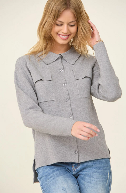 Button Down Knit Shacket (Heather Grey)