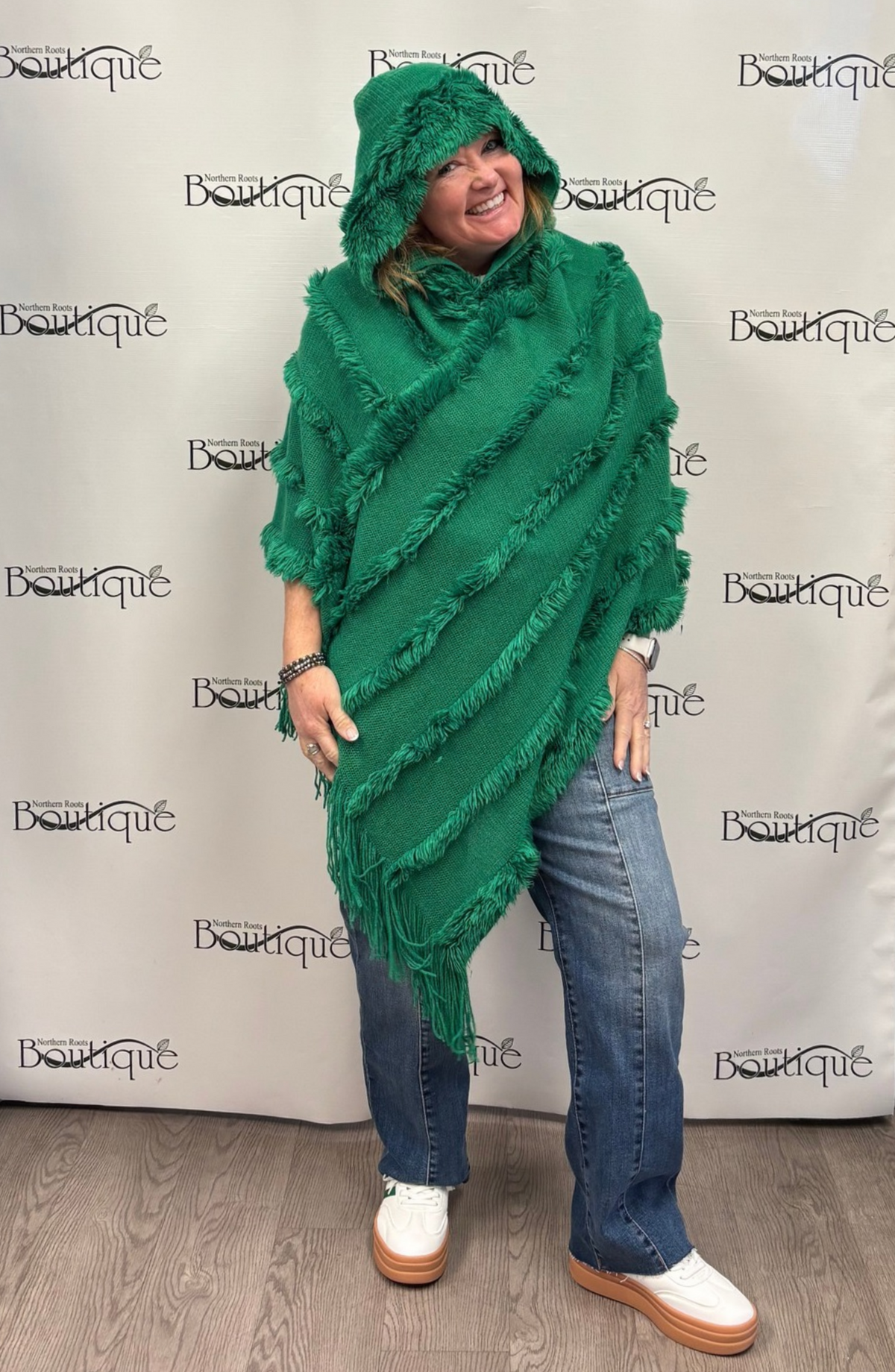 Tassel Trim Shawl Poncho Style with V-Neck and Hood