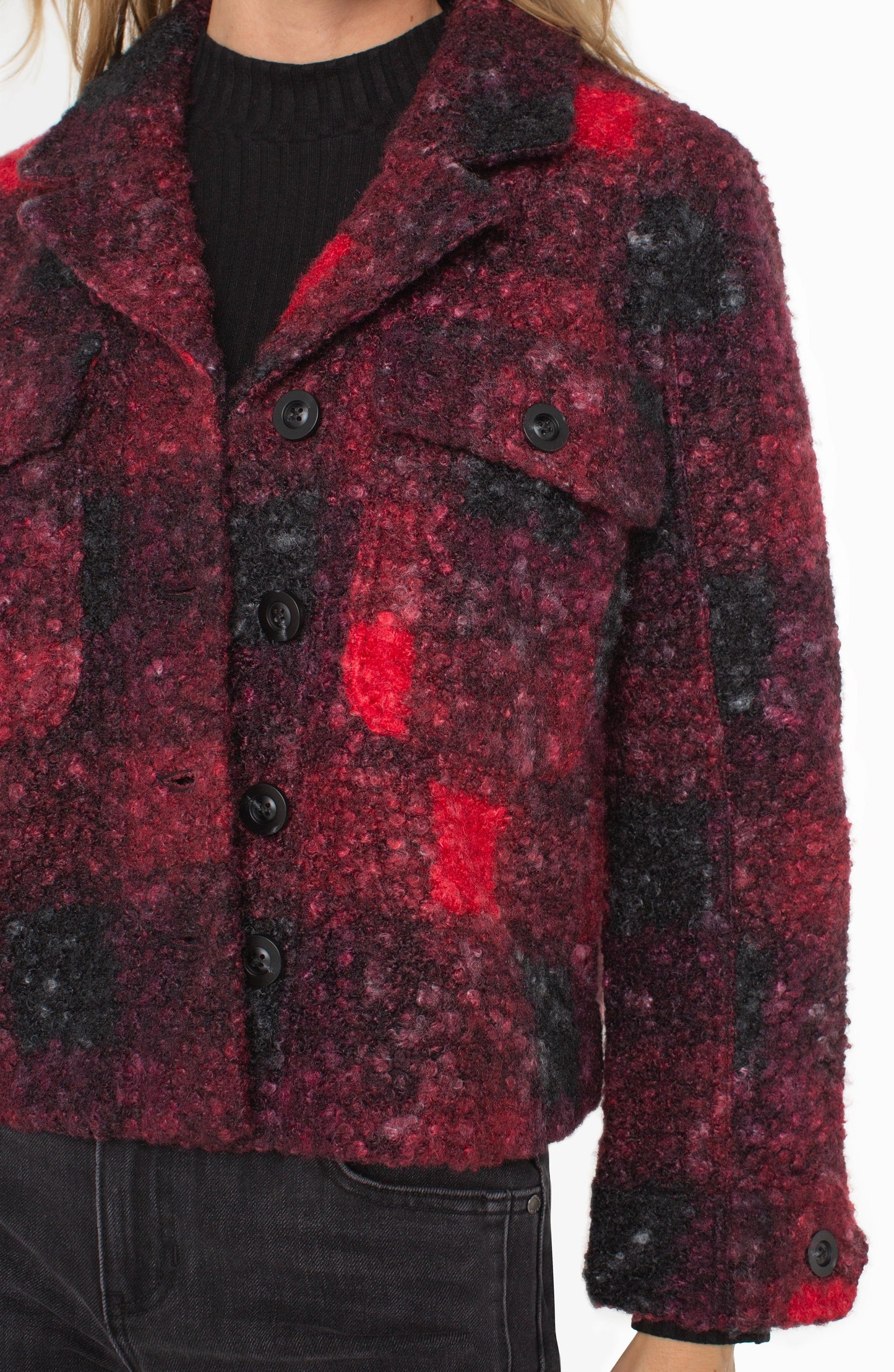 Liverpool Button Front Boxy Shacket (Red Black Buffalo Check)