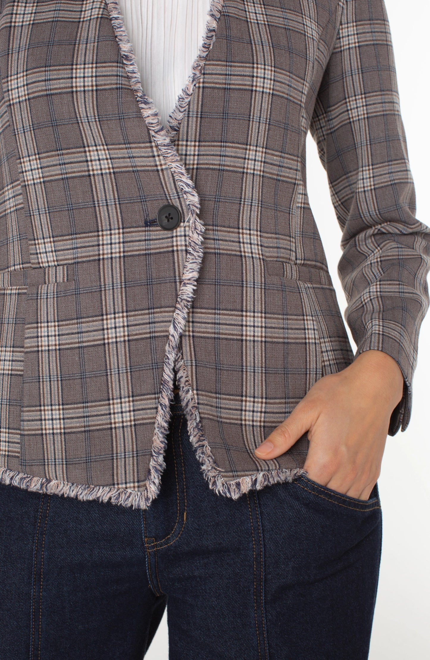 Liverpool Collarless Fitted Blazer w/Fray (Brown/Navy Glen Plaid)