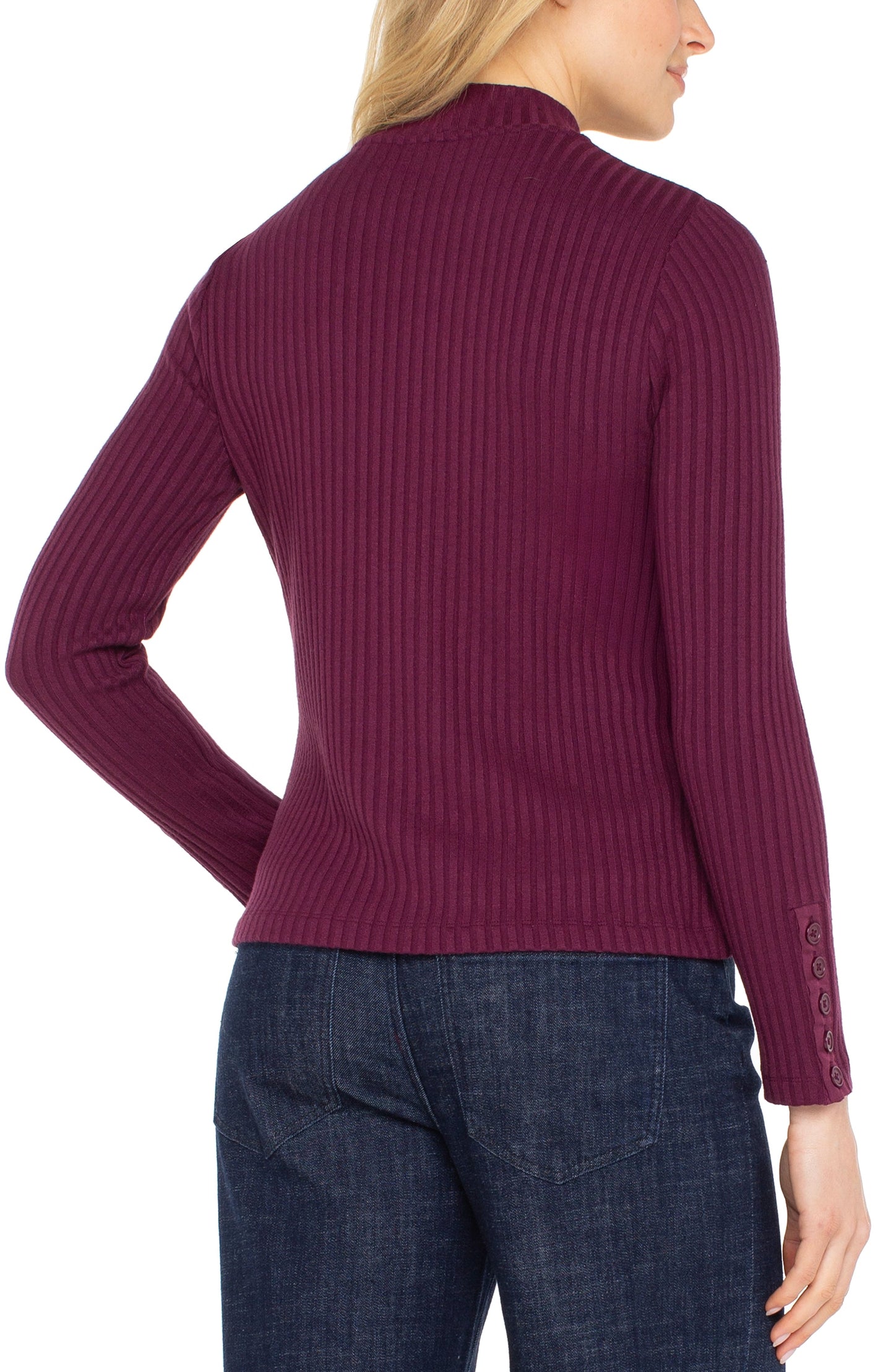 Liverpool Long Sleeve Mock Neck Knit Top W/ Button Detail (Wine Berry)